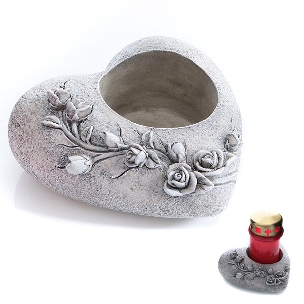 dio Grablichthalter Herz grau mit Rosenornament 15,5x14,5x7cm