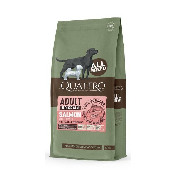 QUATTRO Hundetrockenfutter mit Lachs und Krill für Ältere Hunde und kleine Rassen 12kg Sack