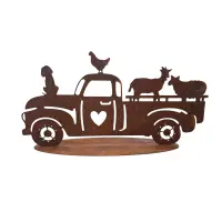 Rostdeko Pickup mit Bauernhoftieren auf Platte 40cm