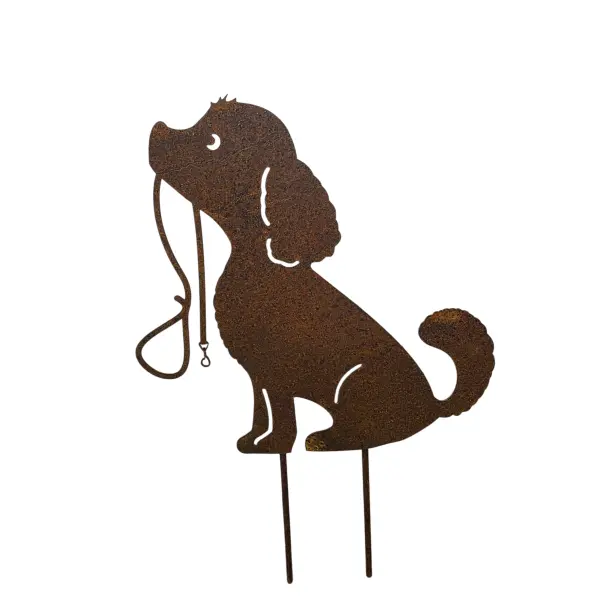 Rostdeko Hund mit Leine im Maul zum stecken 20cm