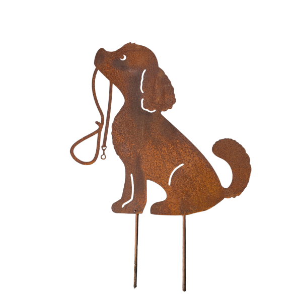 Rostdeko Hund mit Leine im Maul zum stecken