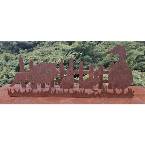 Rostdeko - Entenfamilie mit Zaun auf Platte H20cm B50cm T12cm