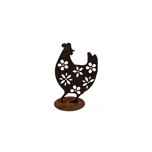 Rostdeko - Blumenhuhn umschauend auf Platte H42cm B30cm