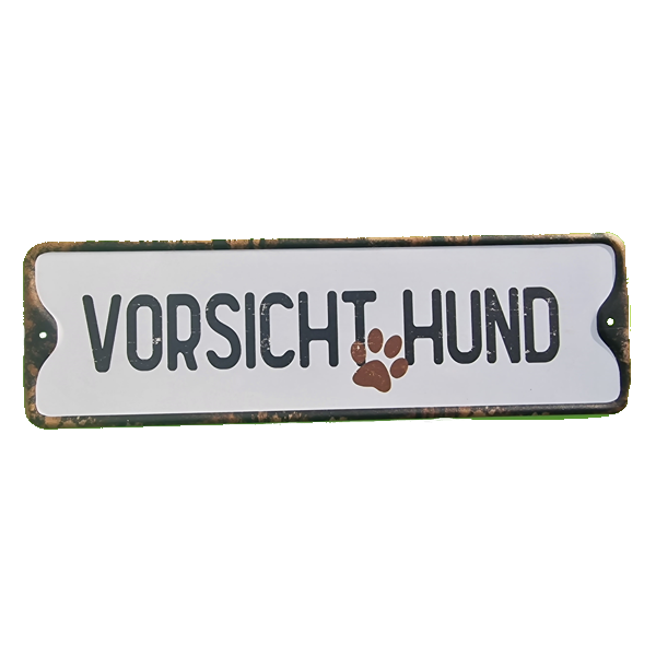 dio Warnschild Vorsicht Hund Alte Optik 27x8cm Metall Löcher rechts und Links
